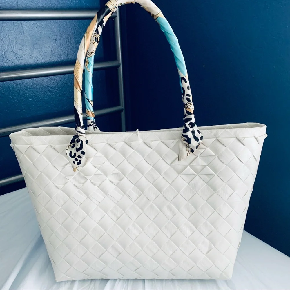 Summer Beach Woven Floral White Tote Bag